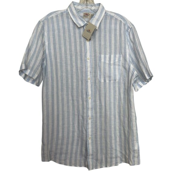 Faherty Mens Shirt Size Medium M Linen Blue And White Striped Short Sleeve